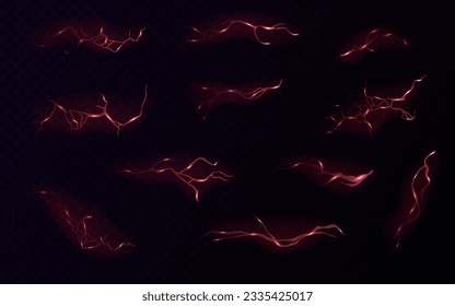 Lightning, electric thunderbolt strike, red impact, crack, magical energy flash. Night thunderstorm rays, electric power charge and thunder strike isolated vector set