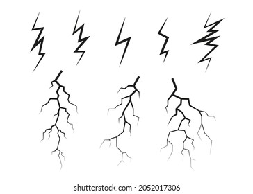 Relámpago, descarga electrostática durante el perno de trueno, línea negra diferente. Colección de fenómenos naturales de rayos o truenos. Ilustración del vector