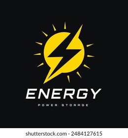 Elemento relámpago dentro de un círculo amarillo con la luz del sol que lo rodea. Este logotipo es para una empresa de almacenamiento de energía, energía renovable o tecnología de energía eléctrica