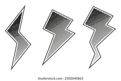Lightning elements with halftone effect. Black dots and pop art texture. Retro vector illustration