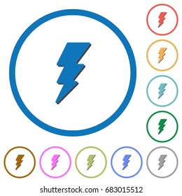Lightning energy flat color vector icons with shadows in round outlines on white background