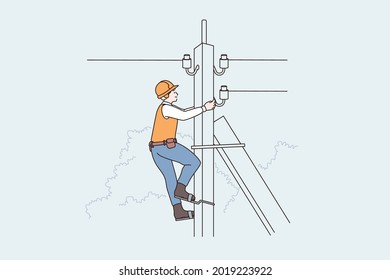 Lightning equipment and workers concept. Man Lineman worker climbing up telephone post, high voltage vector illustration 