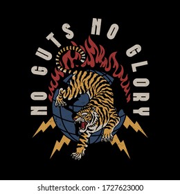 Lightning Eyes Tiger and Burning Globe Illustration with Slogans Vector Artwork for Apparel and Other Uses