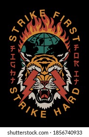 Lightning Eyes Tiger and Burning Globe Illustration with Slogans Vector Artwork on Black Background for Apparel and Other Uses