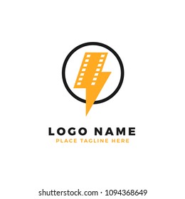 lightning film strip with circle ring logo brand. thunderbolt movie illustration.