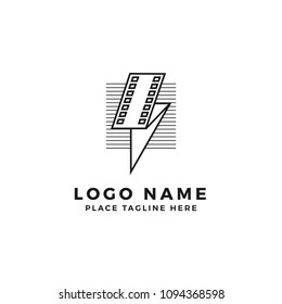 lightning film strip with line stripes logo brand. folded thunderbolt movie illustration. simple outline style symbol