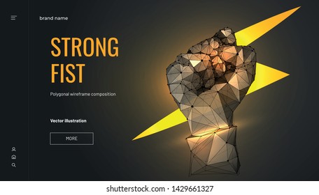 Lightning in fist. Low poly wireframe style. Business concept of force or power. Abstract fist isolated on dark background. Particles are connected in a geometric silhouette