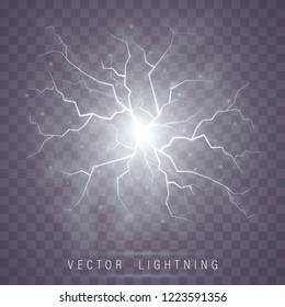 Lightning flash bolt. lightning Magic and bright light effects.  Vector realistic lightning rain weather thunderbolt on black transparent background. Neon color energy
