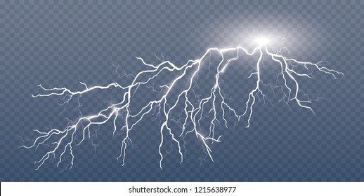 Lightning flash bolt or thunderbolt isolated on transparent background. Vector electric light thunder spark.
