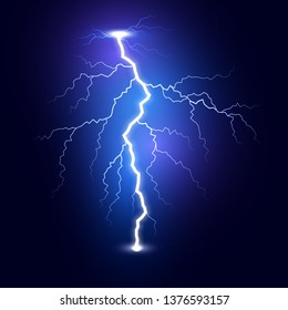 Lightning flash bolt. Thunderbolt isolated on dark background. Blue lightning template. Vector illustration