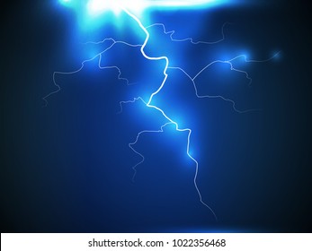 Lightning flash bolt or thunderbolt on dark blue night background. Vector eps10. Electric light thunder spark