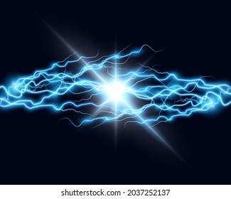 Lightning, a flash of bright light transparent, blue. Electric current, discharge. Great power. Vector overlay element on a dark isolated background.