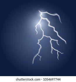 Lightning flash in the dark sky. Realistic vector illustration. Thunderstorm and lightning.