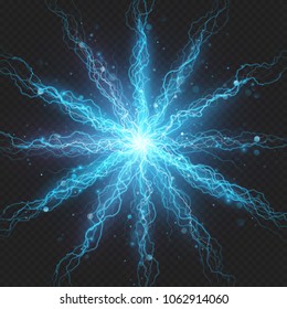 Lightning flash discharge of electricity on transparent background. Blue electrical visual effect. EPS 10 vector file