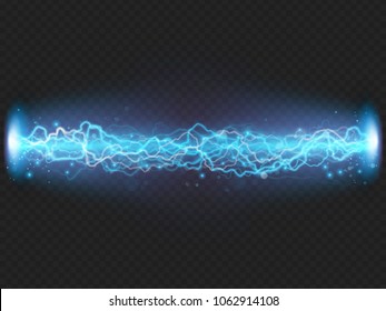 Lightning flash discharge of electricity on transparent background. Blue electrical visual effect. EPS 10 vector file