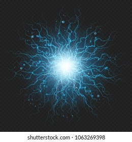 Lightning flash discharge of electricity on transparent background. Blue electrical visual effect. EPS 10 vector file