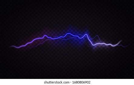 Lightning flash effect. Realistic electric lightning, abstract thunderstorm. Lightning shock isolated on transparent background. Vector