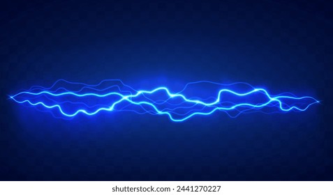 Lightning flash effect. Realistic electric lightning, Abstract background in the form of lightning. A powerful charge causes many sparks. Power of nature.