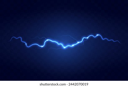 Lightning flash effect. Realistic electric lightning, Abstract background in the form of lightning. A powerful charge causes many sparks. Power of nature.