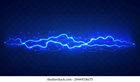 Lightning flash effect. Realistic electric lightning, Abstract background in the form of lightning. A powerful charge causes many sparks. Power of nature.