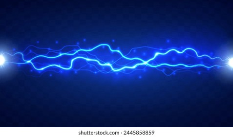 Lightning flash effect. Realistic electric lightning, Abstract background in the form of lightning. A powerful charge causes many sparks. Power of nature.