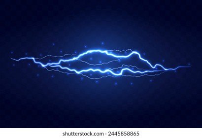 Lightning flash effect. Realistic electric lightning, Abstract background in the form of lightning. A powerful charge causes many sparks. Power of nature.