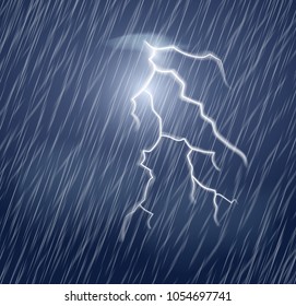 Lightning flash and heavy rain in the dark sky. Realistic vector illustration.Thunderstorm and lightning.