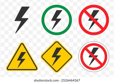 Lightning flash icon symbol set. Electric power sign. Energy light logo. No, Not allowed, prohibition. Vector illustration image. Isolated on white background.