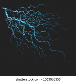 Lightning flash light realistic effect. Thunder spark isolated on dark transparent background. EPS 10 vector file
