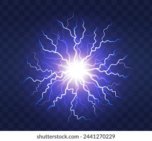 Lightning flash light thunder spark on transparent background. Lightning ball, electric strike impact. realistic sparking blue flash, electrical discharge of thunderstorm