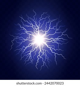 Lightning flash light thunder spark on transparent background. Lightning ball, electric strike impact. realistic sparking blue flash, electrical discharge of thunderstorm