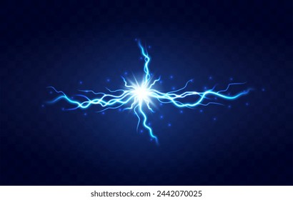 Lightning flash light thunder spark on transparent background. Lightning ball, electric strike impact. realistic sparking blue flash, electrical discharge of thunderstorm