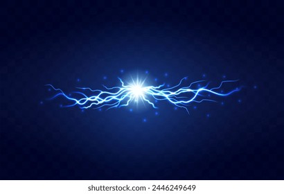 Lightning flash light thunder spark on transparent background. Lightning ball, electric strike impact. realistic sparking blue flash, electrical discharge of thunderstorm