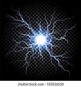 Lightning flash light thunder spark on transparent background. Vector ball lightning or electricity blast storm or thunderbolt in sky. Natural phenomenon of human nerve or neural cells system