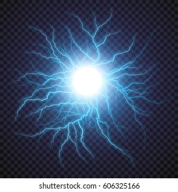 Brillo relámpago de luz sobre fondo transparente. Tornillo o rayo de bola vectorial en el cielo. Fenómeno natural del sistema de células nerviosas o neuronales humanas