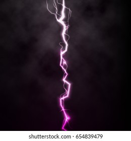 Lightning flash light thunder spark on black background with clouds. Vector spark lightning or electricity blast storm or thunderbolt in sky. Natural phenomenon of human nerve or neural cells system.