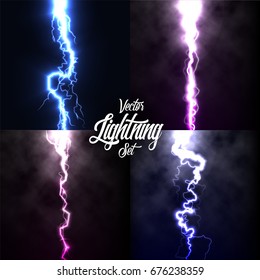 Lightning flash light thunder spark on black background with clouds set.Vector spark lightning or electricity blast storm or thunderbolt in sky.Natural phenomenon of human nerve or neural cells system