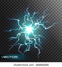 Lightning flash light thunder spark effect on transparent background. Vector ball of electricity, blast storm strike in sky or magic energy thunderbolt burst. 