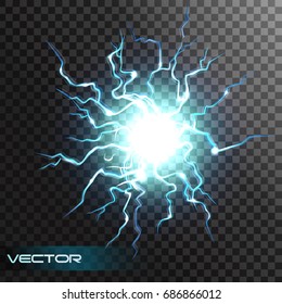 Lightning Flash Light Thunder Spark Effect On Transparent Background. Vector Ball Of Electricity, Blast Storm Strike In Sky Or Magic Energy Thunderbolt Burst. 