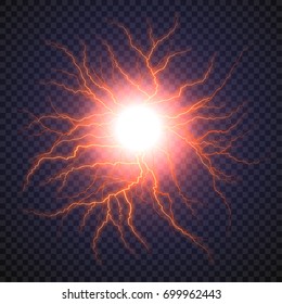 Lightning flash light thunder spark on transparent background. Vector ball lightning or electricity blast storm or thunderbolt in sky. Natural phenomenon of human nerve or neural cells system