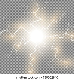 Lightning flash light thunder spark on transparent background. Vector ball lightning, golden color