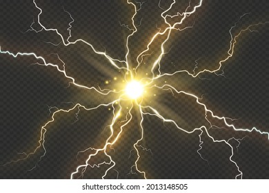 Lightning Flash Light Thunder Sparks On A Transparent Background. Fire And Ice Fractal Lightning, Plasma Power Background Vector Illustration