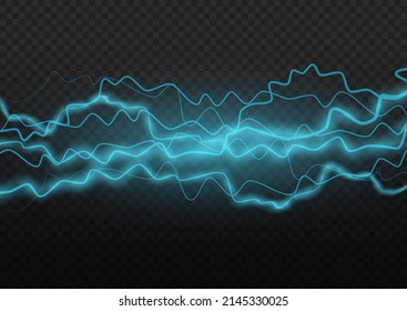 Lightning flash light thunder sparks on a transparent background. Electrical discharge with sparkling stardust. Natural light effect, bright glowing. Decorative neon blue glowing lighting bolt. Vector