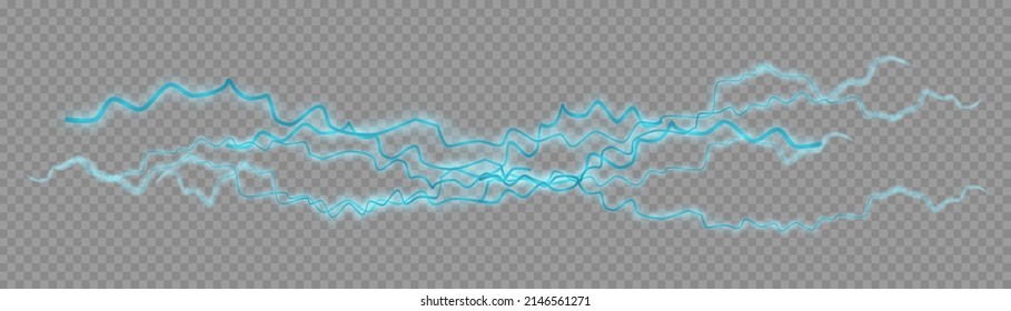 Un relámpago trueno relámpago choca con un fondo transparente. Tornillo de iluminación azul neón decorativo. Descarga eléctrica con polvo estelar brillante. Efecto de luz natural, brillante. Vector