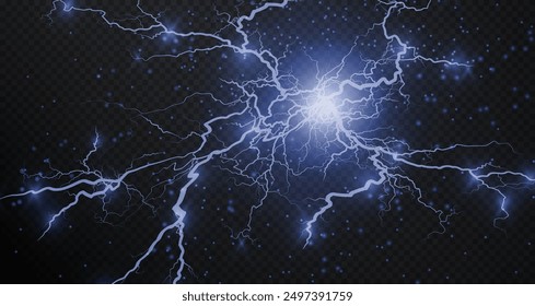 Lightning flash light thunder sparks on a transparent background.Fire and ice fractal lightning, plasma power background vector illustration. Lightning PNG.