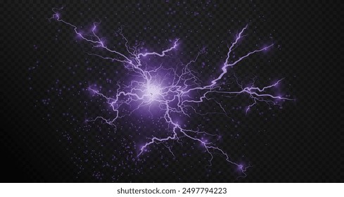 Lightning flash light thunder sparks on a transparent background. Fire and ice fractal lightning, plasma power background vector illustration. Lightning PNG.