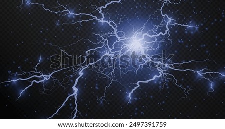 Lightning flash light thunder sparks on a transparent background.Fire and ice fractal lightning, plasma power background vector illustration. Lightning PNG.