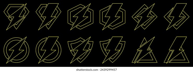 lightning flash line art icon collection. vector isolated on black background. electric power energy symbol design.