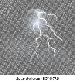 Lightning flash and raindrops on the transparent effect background. Thunderstorm and heavy rain. Realistic vector illustration of the lightning.