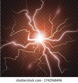 Lightning flash and spark. Lightning strikes and sparks, electrical energy on dark transparent background. Natural phenomenon of human nerve or neural cells system